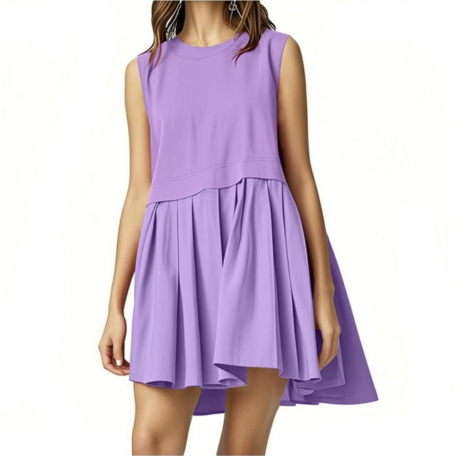 LOVZFMLL Robes d'Été pour Femmes Mignonnes Sans Manches/manches Courtes Col Rond à Volants Plissées Ligne A Fluides Mini Robes Amples Décontractées Tenues de Mode Violettes A TTG