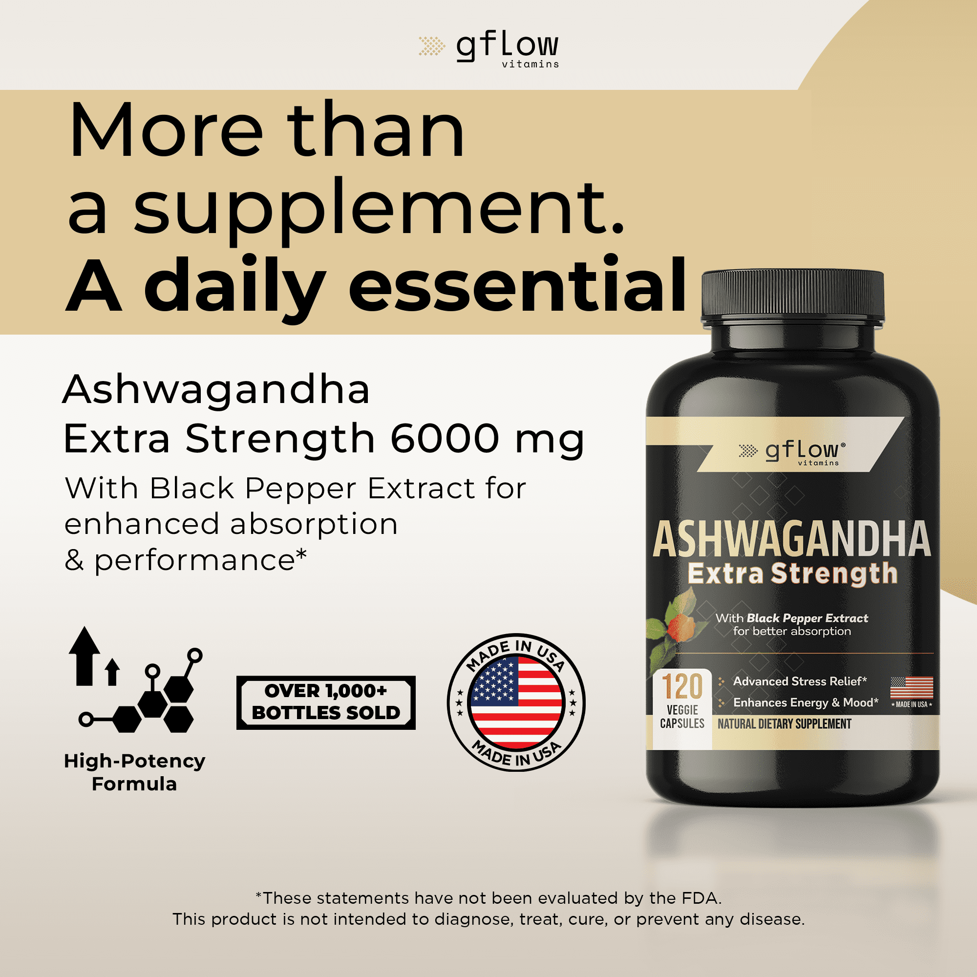 Gflow Vitamins Ashwagandha Supplements - ashwagandha Powder Capsules Extra Strength 6000mg with Black Pepper | Mood Support, Focus, Energy Support | Vegan Friendly, Non-GMO, USA Made