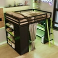 thumbnail image 2 of Full Size Wood Loft Bed with Workstation, Gaming Loft Bed with Desk, Wardrobe, Shelves, Blackout Curtains & RGB Lights – Space-Saving Multifunctional Furniture for Dorm, or Apartment, Black+Green, 2 of 9