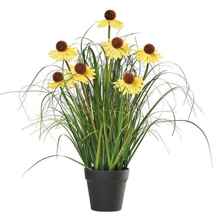 - Long-Stem Daisy Coneflower Faux Plant with Planter - Spring Décor for Garden, Yard, or Porch, Yellow