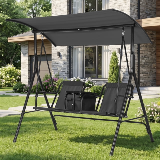 Columpio de jardín para 2 personas - Estructura de acero duradera - Toldo ajustable - Portavasos, mesa giratoria y bolsa térmica - Ideal para patio, balcón o piscina - Color negro