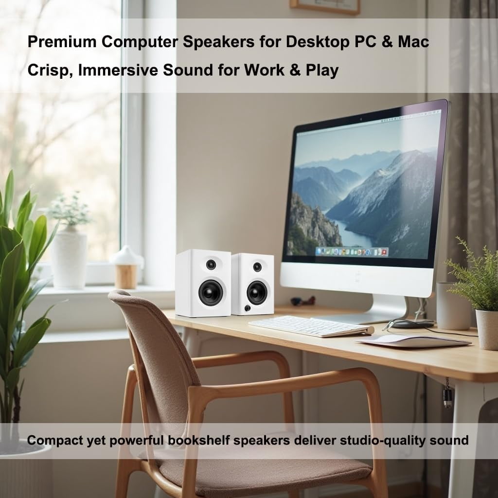 Computer Speakers for Desktop PC,  Bluetooth Surround Sound Speakers with Bass, Compact Powered Bookshelf Speakers for Office, Monitors, Laptop, Gaming, TV,
