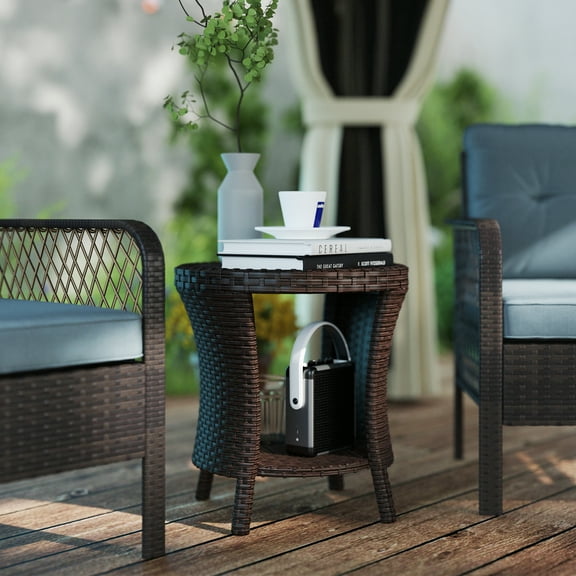 Outsunny 18" Outdoor Wicker Coffee Table, PE Rattan Patio Side Table with 2-Tier Storage, Composite Wood Top for Garden Backyard Balcony, Mixed Brown