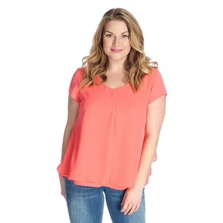 Kate & Mallory Women's Woven Short Sleeve Tulip Back Tiered Hem Top in Coral -
