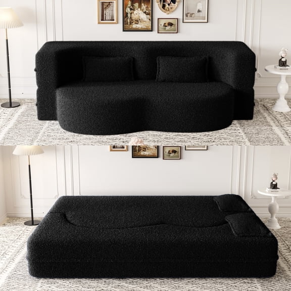 Miekor Furniture Modern Floor Sofa with 2 Pillows,Convertible Teddy Fabric Foam-Filled Sleeper Sofa Bed,15" Full Size Folding Mattress for Living Room,Guest Bed,no assembly required,Black 57231