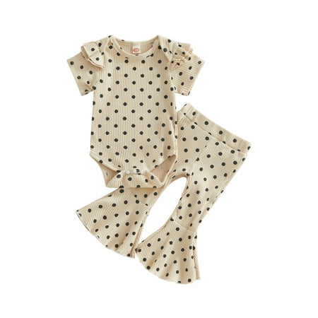 

Canrulo Newborn Infant Baby Girl Summer Clothes Polka Dots Ruffle Short Sleeve Romper Bodysuit Flared Pants Outfits Apricot 0-6 Months