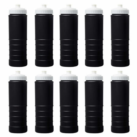 

10 Plastic Water Bottles Set 23 oz. - Screw-On Lid Grip Design - Black