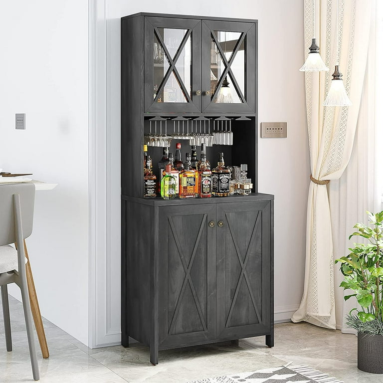 Dextrus Farmhouse Bar Cabinet for Liquor and Glasses, Freestanding Wood  Tall Pantry Cabinet, Kitchen Cabinet with 4 Door, Sideboard Buffet Cabinet  for