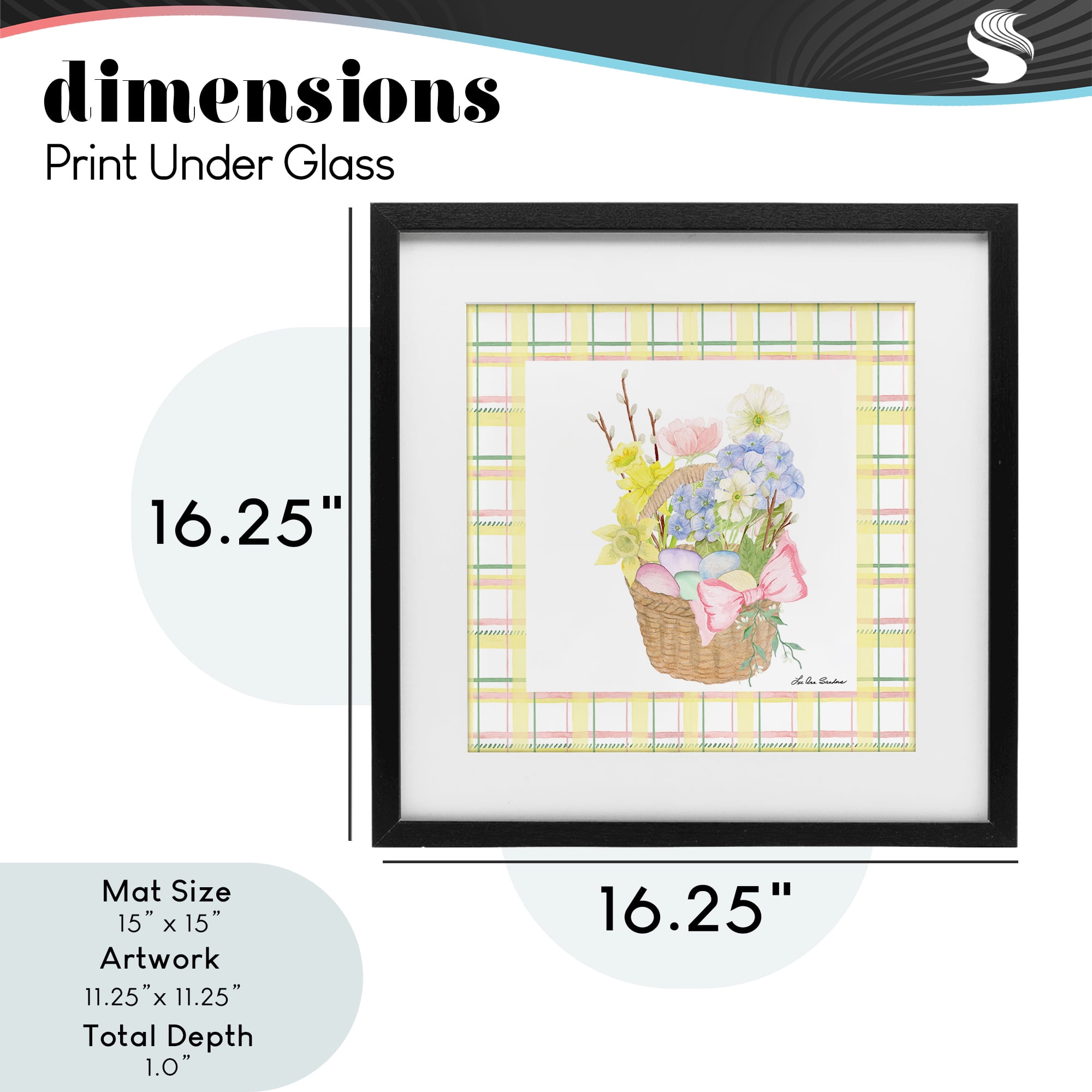 Spring Basket on Plaid Black Framed Print Under Glass, design by Lee Ann Sanders