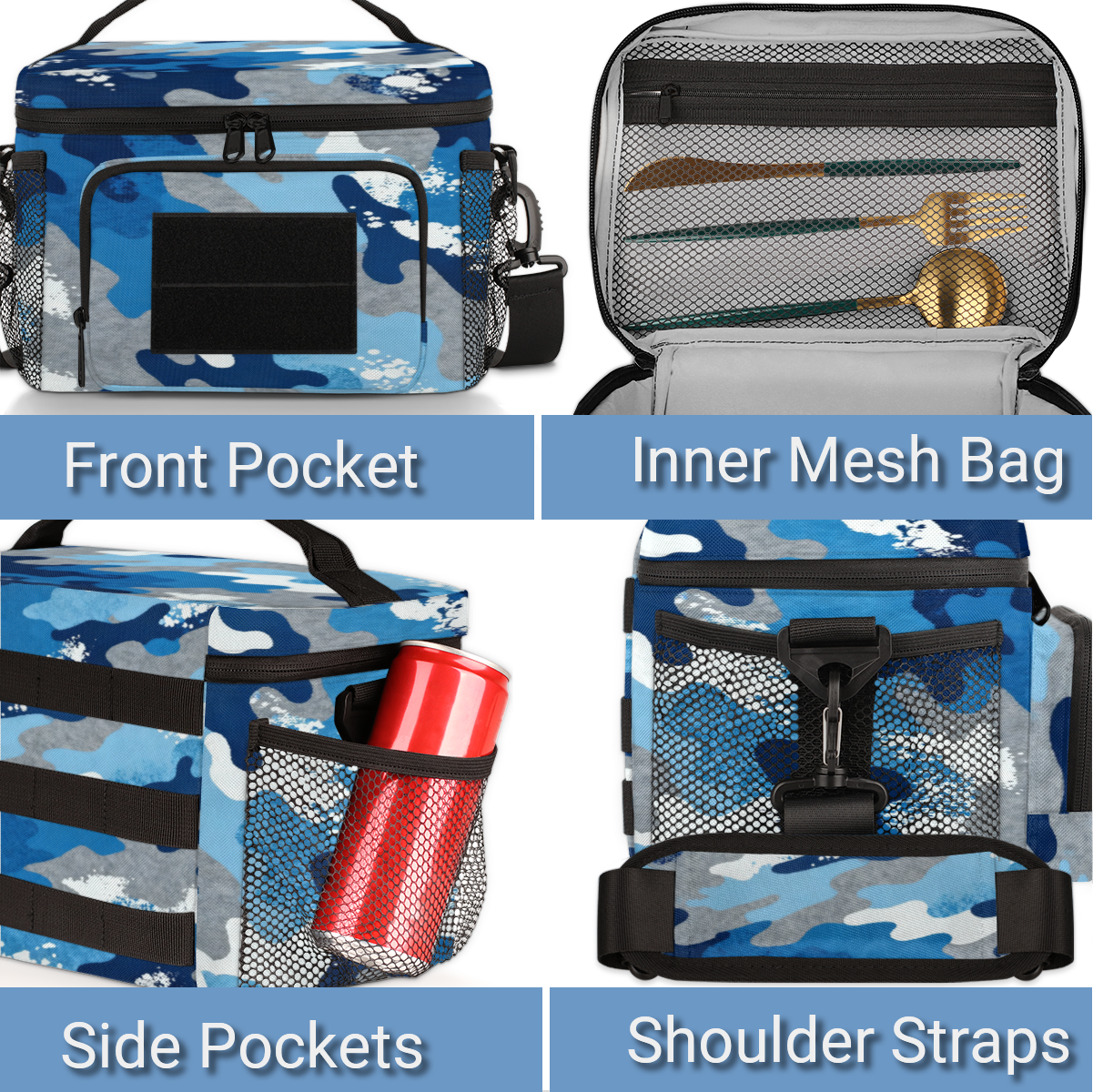Lunch Box for Adults,Tactical Lunch Bag,Leakproof Insulated Lunch Bag for Adjustable Shoulder Strap,Water Bottle Pouch Cooler Bag for Work Outdoor Picnic Trips 8L(Camouflage Blue)
