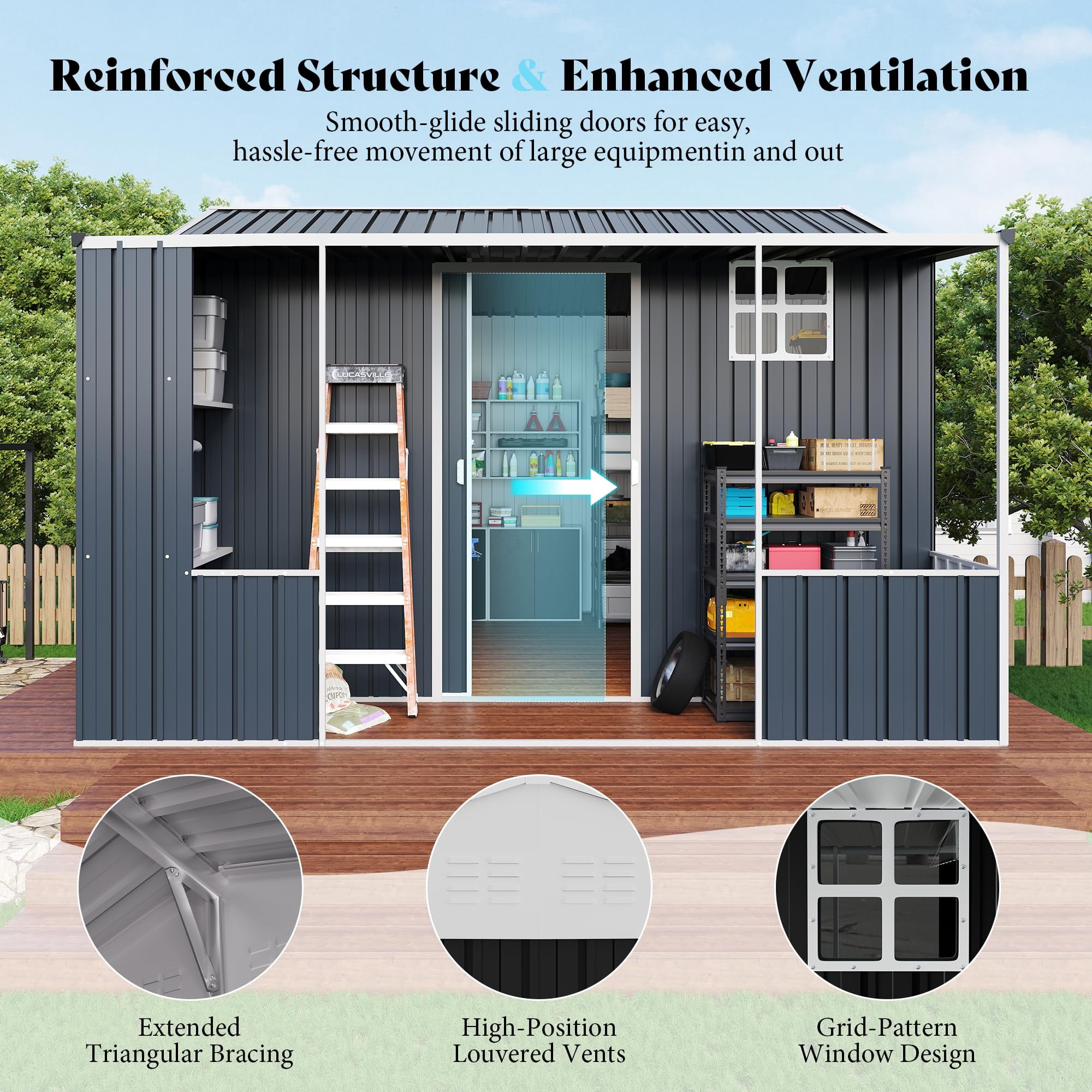 Jocisland 10x10.5x7 FT Metal Storage Shed, Dual-Zone Tool Shed with Work Area, Reinforced Frame, Gable Roof, Ventilated Design, Dark Grey
