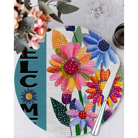 13 Inch Round Placemats Set of 4, Spring Daisy Non Slip Heat Insulation PP Table Mats, Turquoise Modern Abstract Art Dots Floral Washable Place Mats for Kitchen Dining Party Table Decor