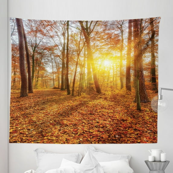 Nature Tapestry, Foggy Sunset Vibrant Sunbeams Rural Country Woodland in Fall Scenery Image, Fabric Wall Hanging Decor for Bedroom Living Room Dorm, 5 Sizes, Orange Brown Yellow, by Ambesonne