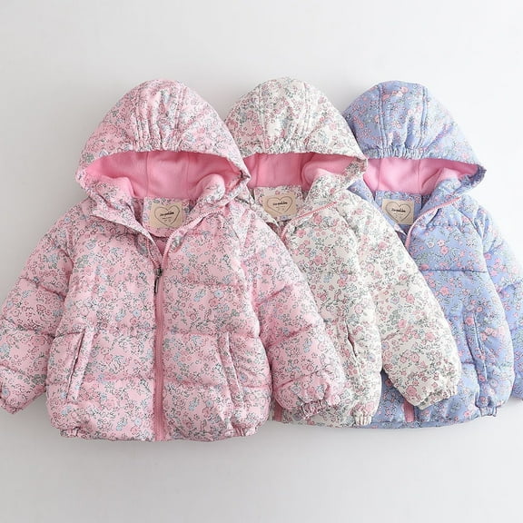 Winter Hooded Jacket for Girls Toddler 3-11Years Floral Printed Long Sleeved Casual Lightweight Outdoor Warm Padded Jacket for Girls