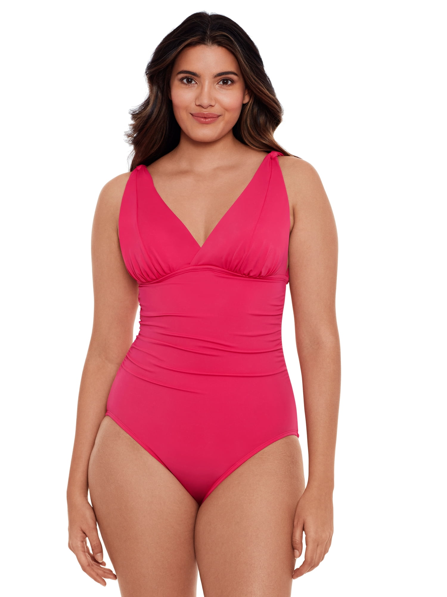 Time and Tru Women's and Women's Plus Size Solid Plunge V Neck One Piece Swimsuit