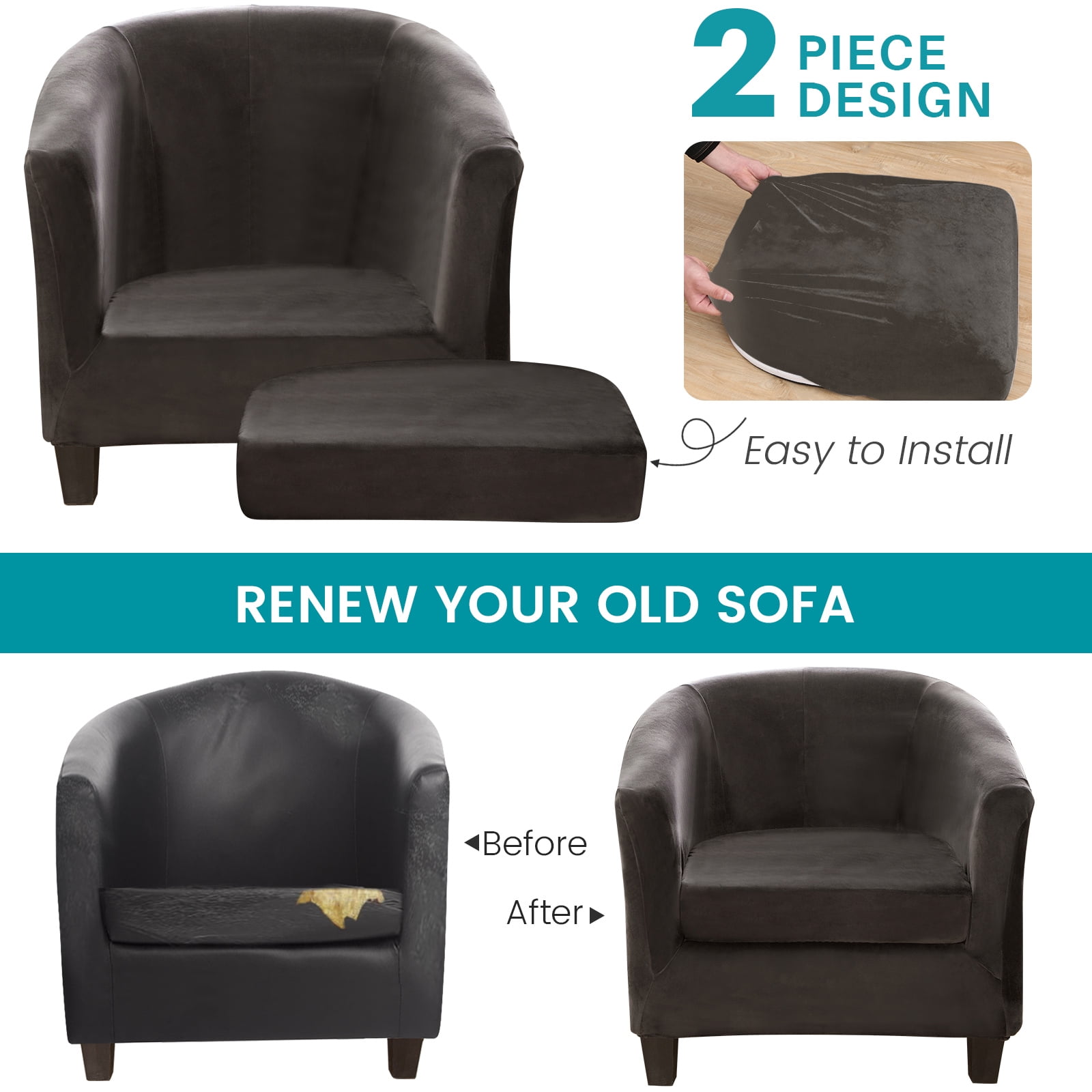 SHANNA Velvet Tub Chair Covers, 2 Pieces Stretch Modern Armchair Slipcovers Non Slip Sofa Couch Slipcover for Club Bar Counter Living Room Reception,With Separate Cushion Cover, Dark Gray, 1 Pack