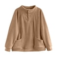 thumbnail image 4 of YAYUBA Women Fall Henley Snap Button Stand Collar Sweatshirt Long Sleeve Pocket Loose Oversized Casual Pullover Tops Size XL, Khaki, 4 of 4