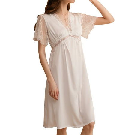 

Homgro Women s Short Sleeve Nightgown Summer Soft Lace Sleepwear Sexy Cutout Sheer V Neck Nighty White X-Large