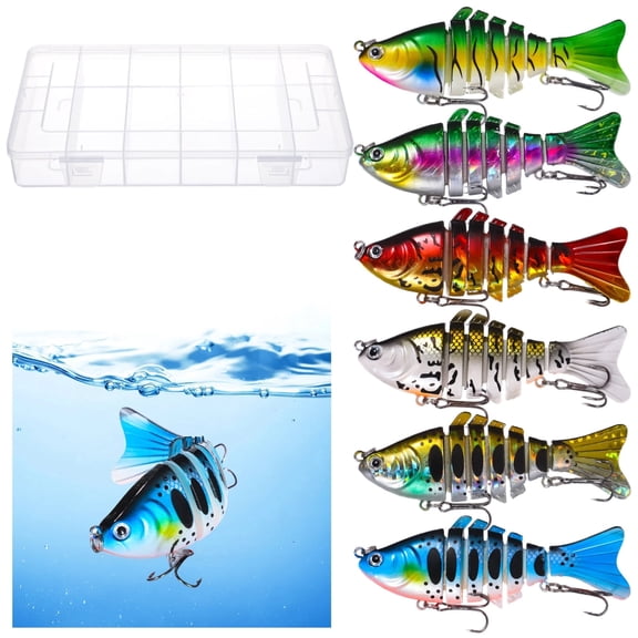 6 PCS Fishing Lures with Carry Case, 7 Segments Fishing Lures for Freshwater Saltwater, Multi-Color Lifelike Jointed Minnow Lure with Triple Hooks for Bass Trout Crappie Walleye Pike