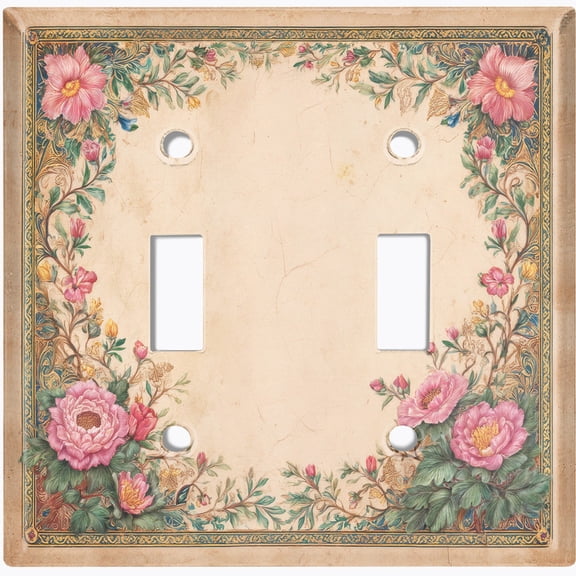 Metal Light Switch Wall Plate Outlet Cover (Printed Image of Pink Floral Frame - Double Toggle)