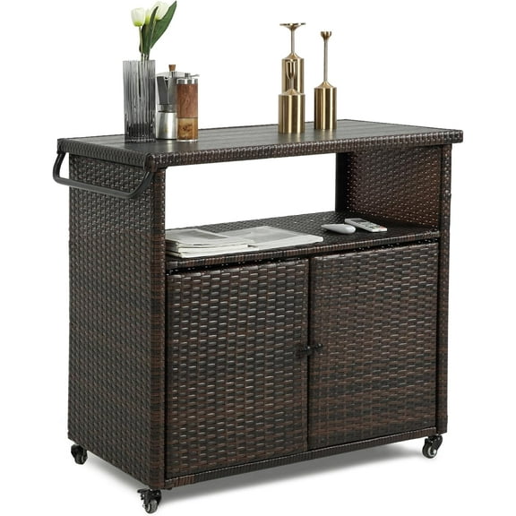 Wicker Outdoor Bar Cart - Brown Patio Console Storage Table Buffet Cabinet Serving Kitchen Cart with Wheels for Outside Backyard