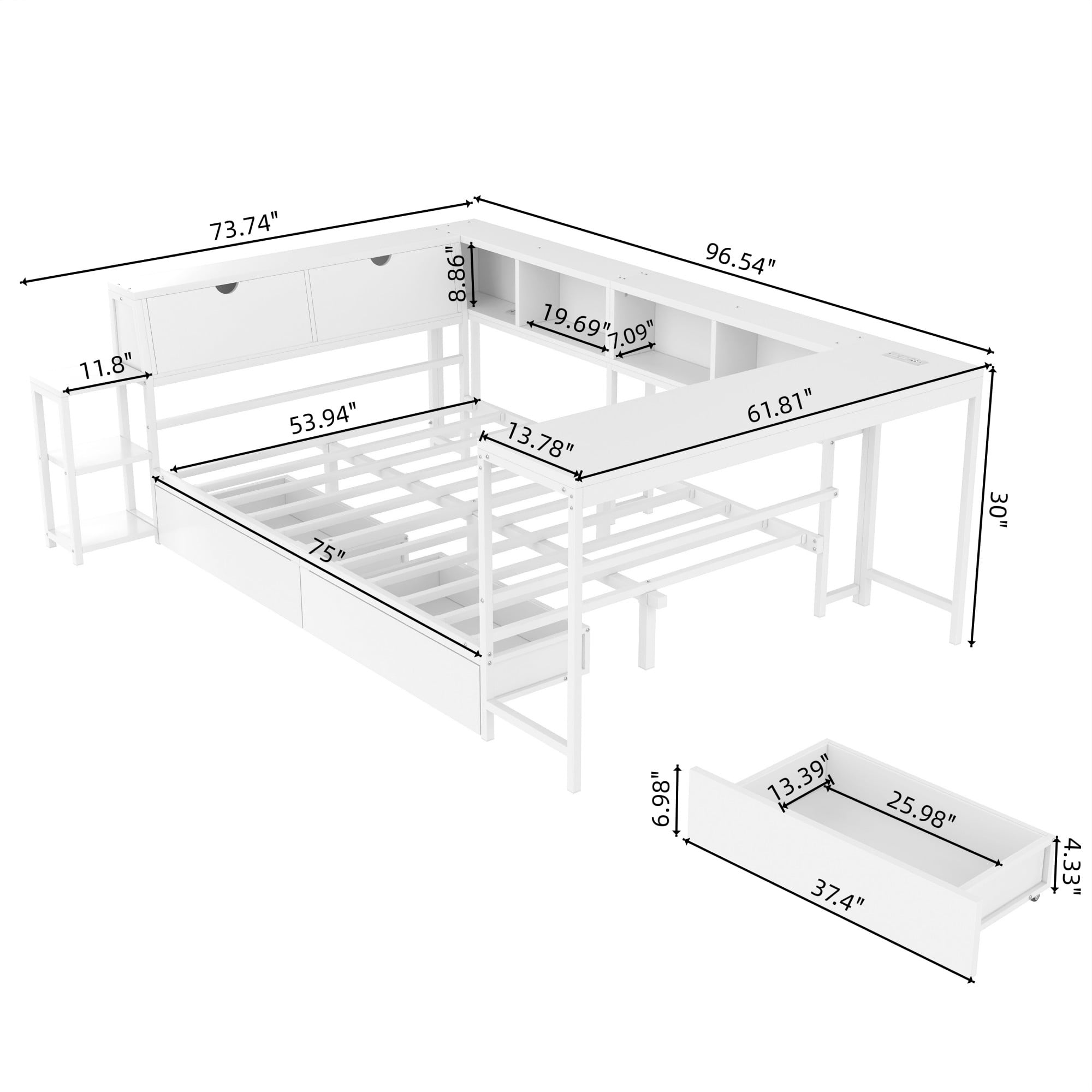 AENKYO Full Size Corner Daybed with Desk & Storage Headboard, LED Lights, Power Outlets & Drawers, White