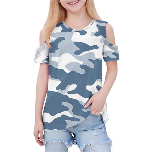 Favoffer Girls Short Sleeve Cold Shoulder Basic Tee Tops Shirts, Fashionable Cute Round Neck Tops, 3-12Y