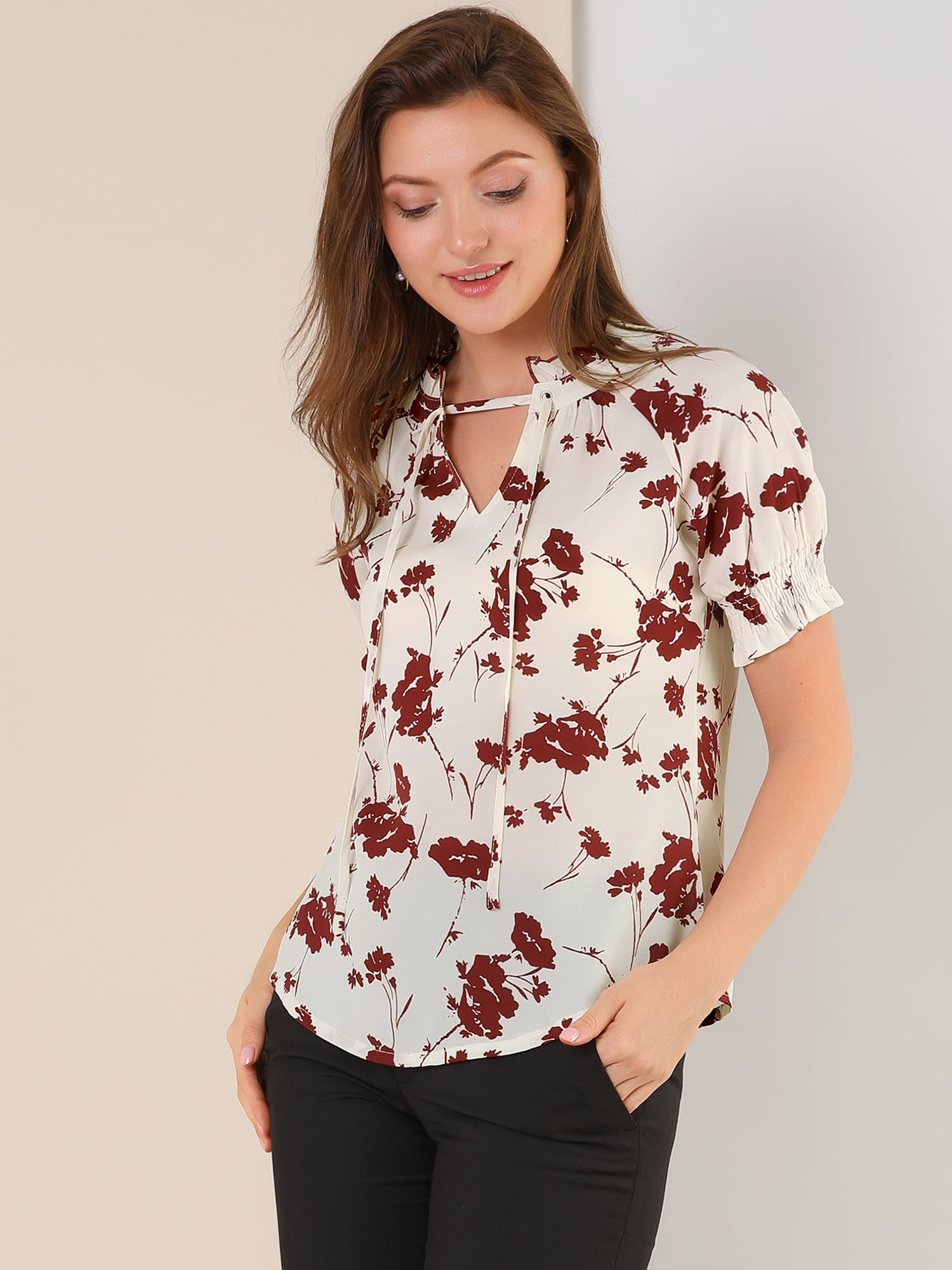 DARING DIVA Ruffle Tie Neck Casual Short Sleeve Blouse L Beige