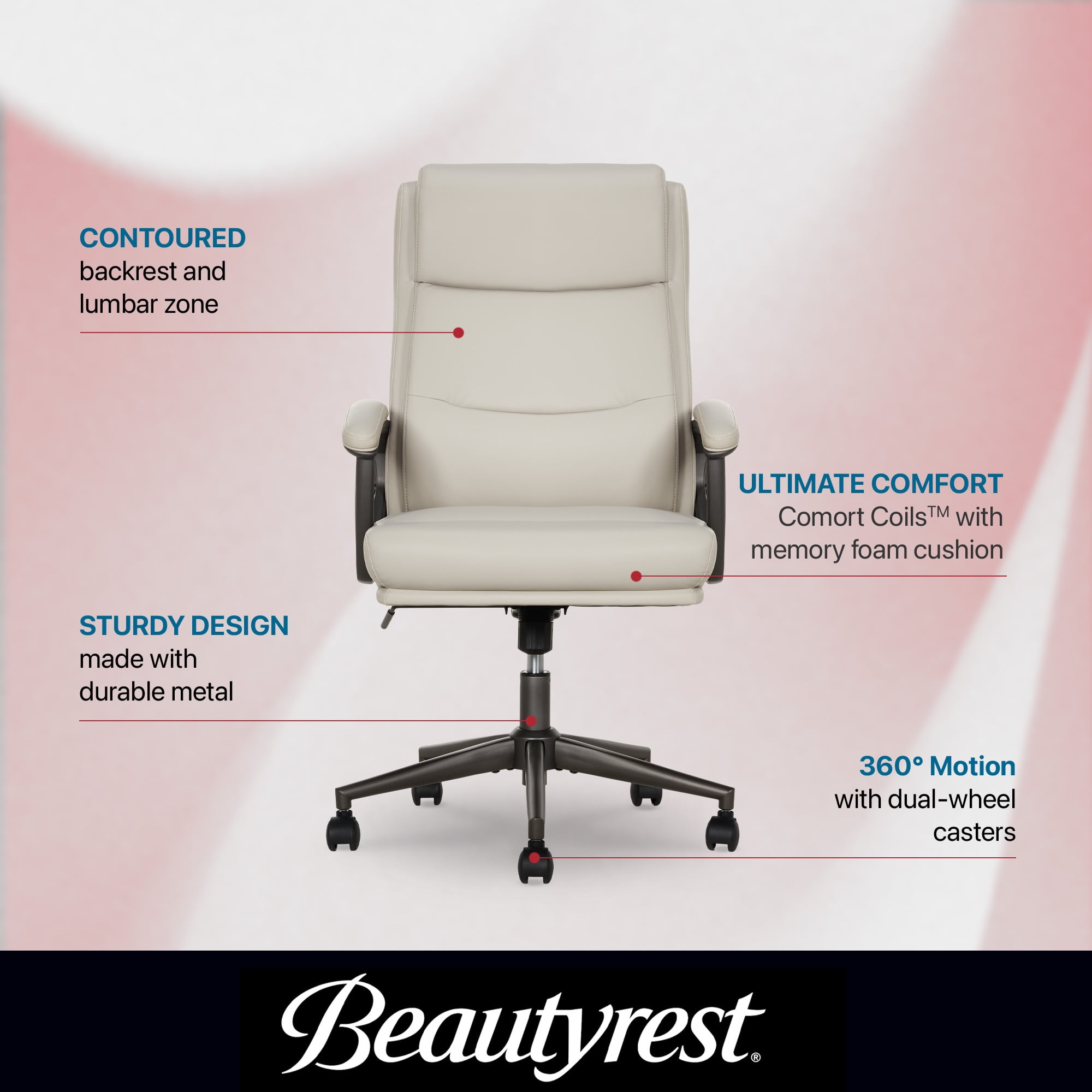 Beautyrest Amara Ergonomic Manager Office Chair with Padded Armrest for Teens and Adults, Ivory
