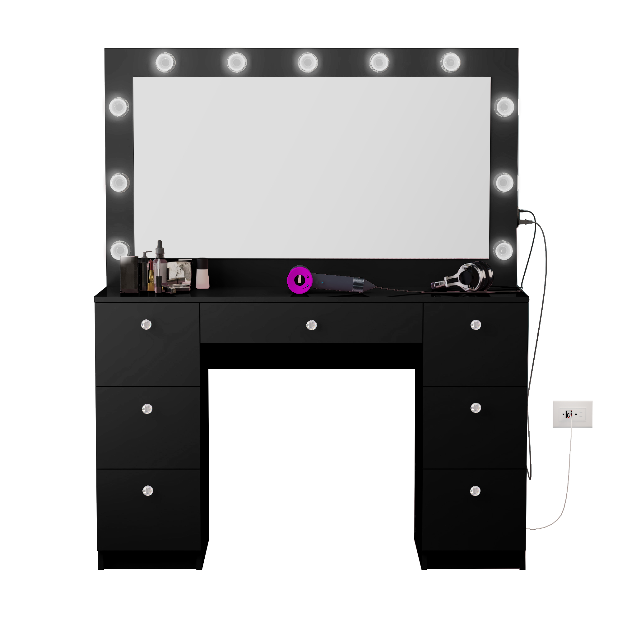 Ember Interiors Pam Black Makeup Vanity Desk with Mirror, Lights and Charging Station