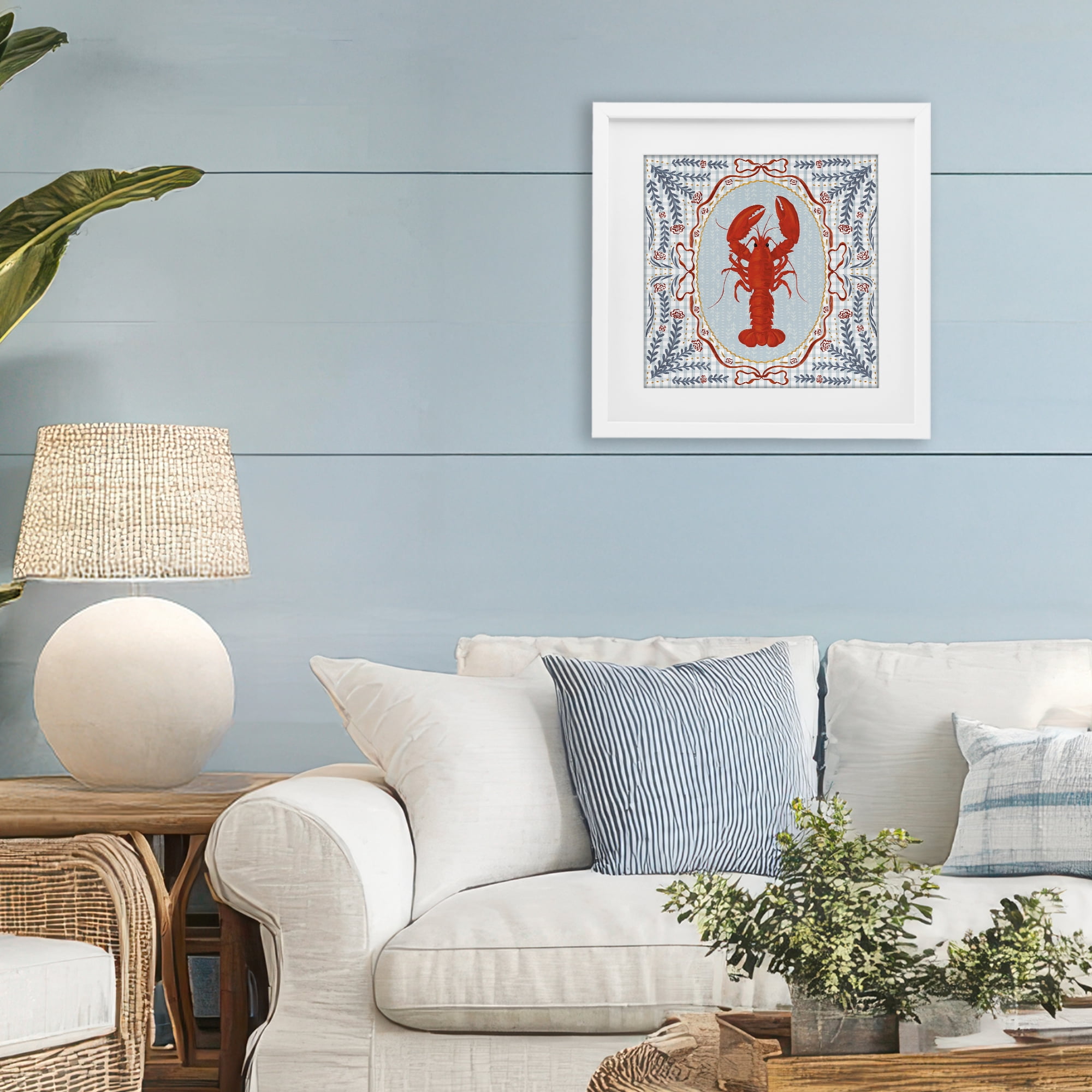Stupell Industries Lobster Portrait Blue Gingham White Framed Print Under Glass, design by Vero Illustrates