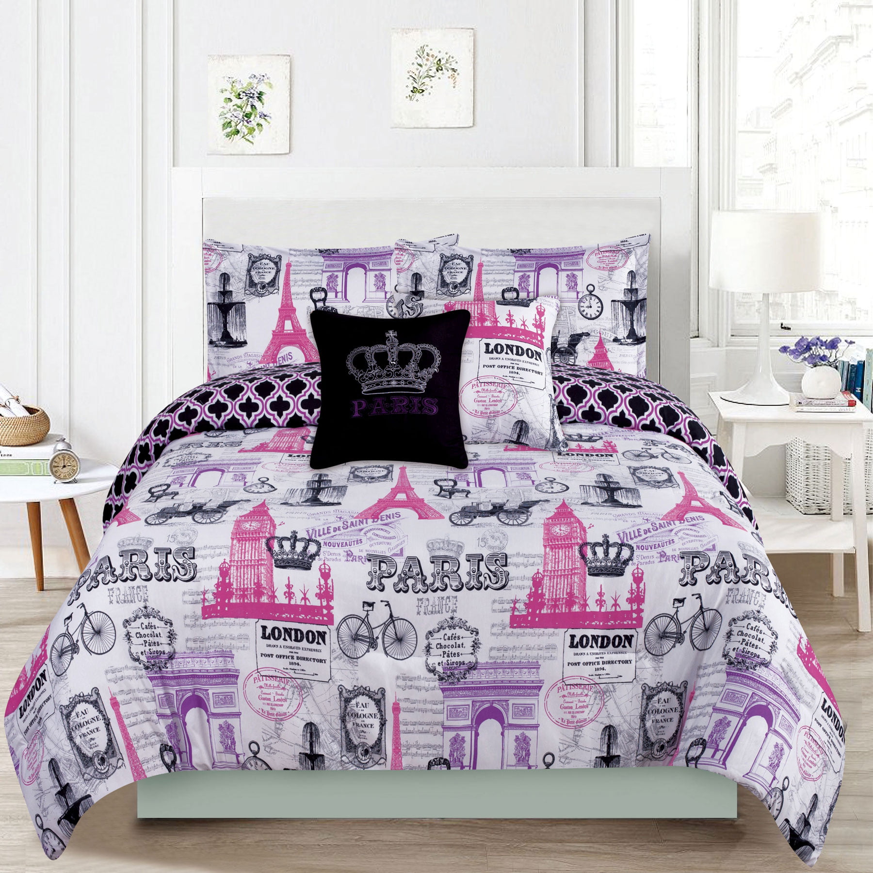 Details about   Pink Purple Paris Poodle Eiffel Tower 8 pc Comforter Sheet Set Twin Full Bed Bag
