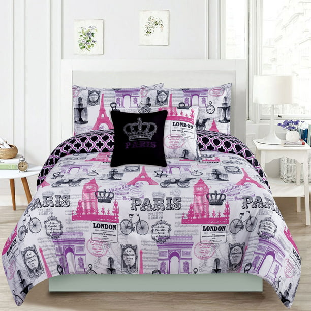 Bedding Queen 5 Piece Girls Comforter Bed Set Paris Eiffel Tower