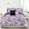 Bedding Twin 4 Piece Girls Comforter Bed Set, Paris Eiffel Tower London Pink and Purple