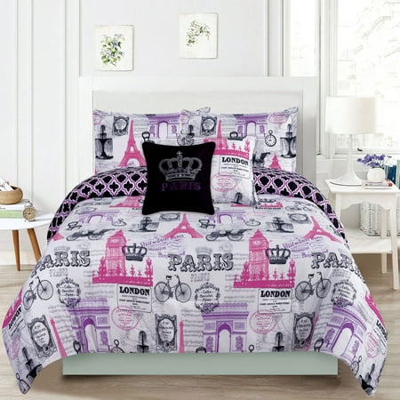 bedding queen 5 piece girls comforter bed set, paris eiffel tower
