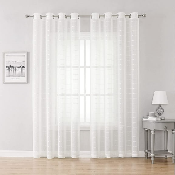 GHGSDH-Sheer Curtains White Plaid Semi Voile Light Filtering Drapes Pair for Bedroom Living Room, Set of 2 Grommet Top Window Curtain Panels (Each 54 x 95 Inch, Off White)