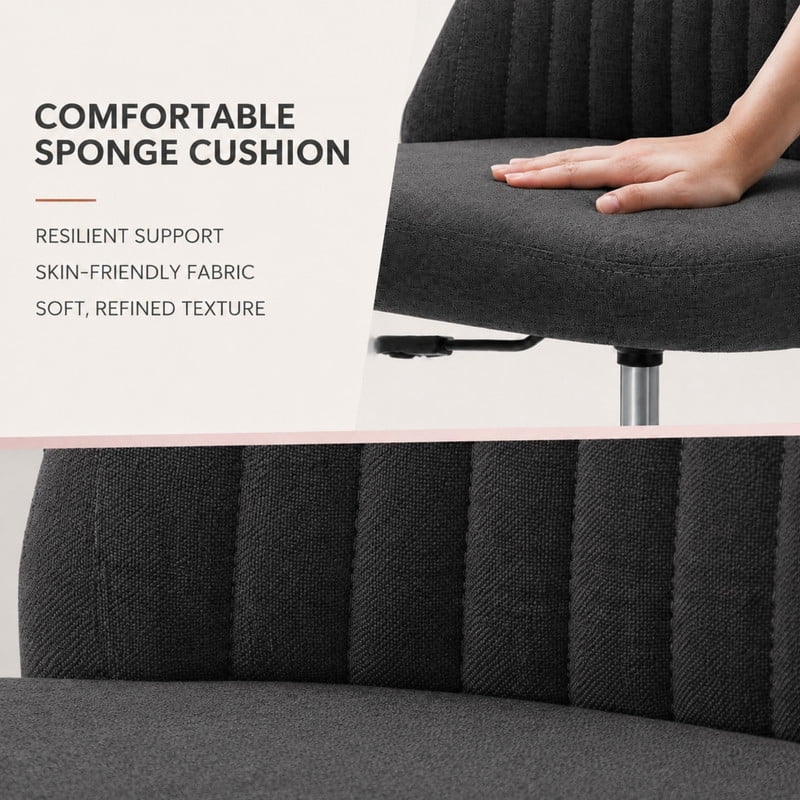BEAUTYPEAK Armless Vanity Chair Adjustable Swivel Fabric Desk Chair with Padded Seat Wheels Mid-Back Office Chair, Dark Gray