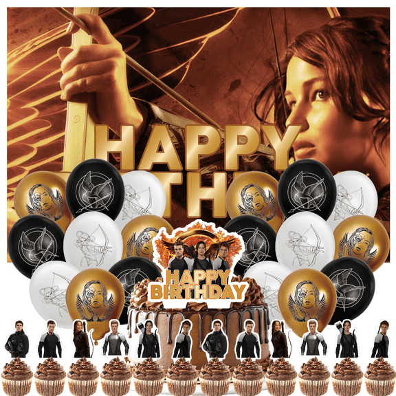 32 Pcs For The Hunger Games Movie Theme Birthday Party Decoration Set,Includes 5*3ft Birthday Backdrop,13 Cupcake Toppers,and 18 Balloons Party Supplies for Celebrations