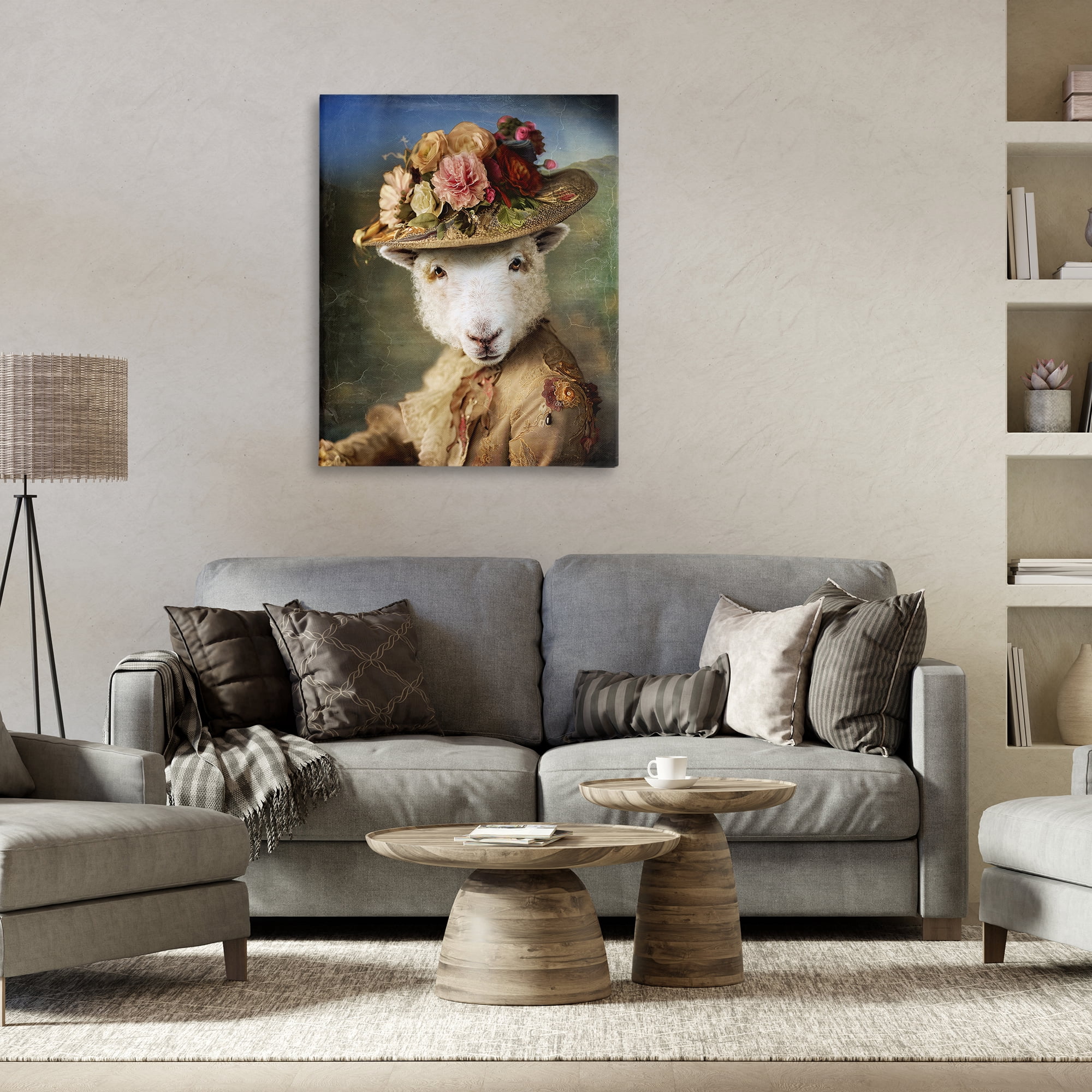 Stupell Industries Lamb with Floral Hat Animals & Insects Painting Gallery Wrapped Canvas Art Print Wall Art, 30 x 40