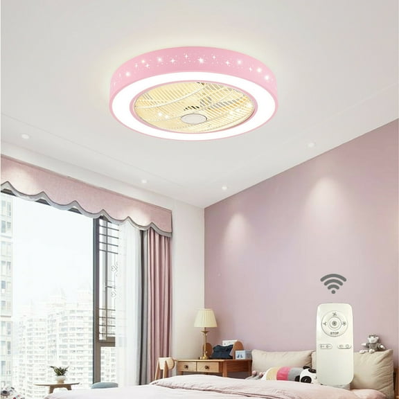 SHZICMY 22 inch Indoor Ceiling Fan with Light and Remote Control, 7-Blade Invisible Semi Flush Mount LED Chandelier Ceiling Light Fixture Pink