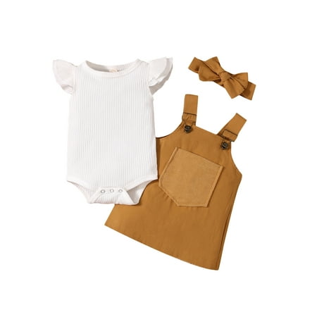 

Nokpsedcb Infants Kid Girls Summer Sets White Flying Sleeve Ribbed Romper Suspender Dress Bowknot Headband Yellow 0-3 Months