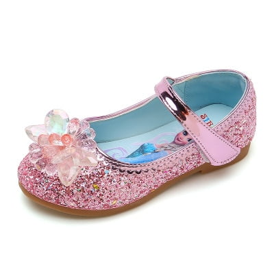 Zapatos individuales para niñas de Disney, novedad de primavera, zapatos de princesa elsa, zapatos pequeños de cuero con lazo, zapatos de actuación para niñas y bebés, plantilla de 28 cm de 17,6 cm Gao Jinjia LED