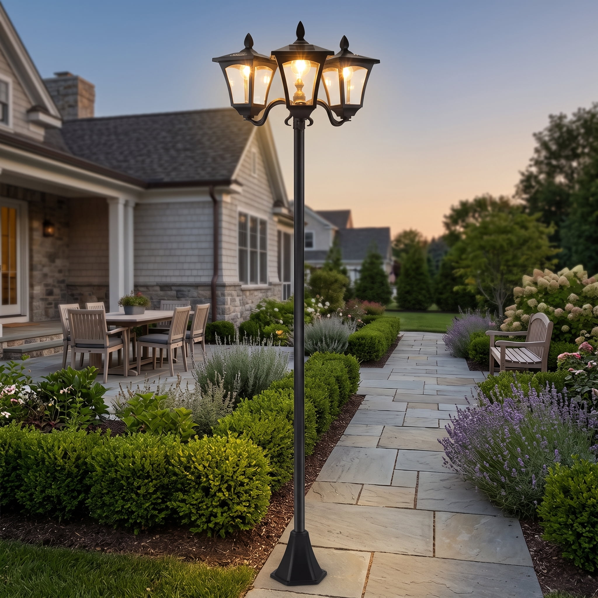 72" Solar Lamp Post, Triple-Head Street Light, All-Weather Waterproof Stainless Steel, Vintage Style for Garden, Lawn, Pathway, Driveway, Black