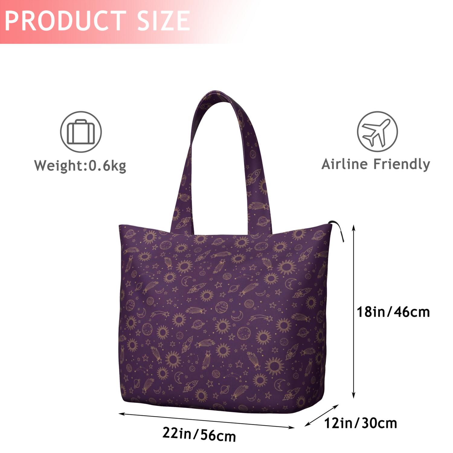 Purple Sun Planet Rocket Star Pattern Travel Tote Bags for Women Carry On,Large Weekender Bags for Women Travel,Multi Functional Duffle Bag for Work,Shopping,Sports