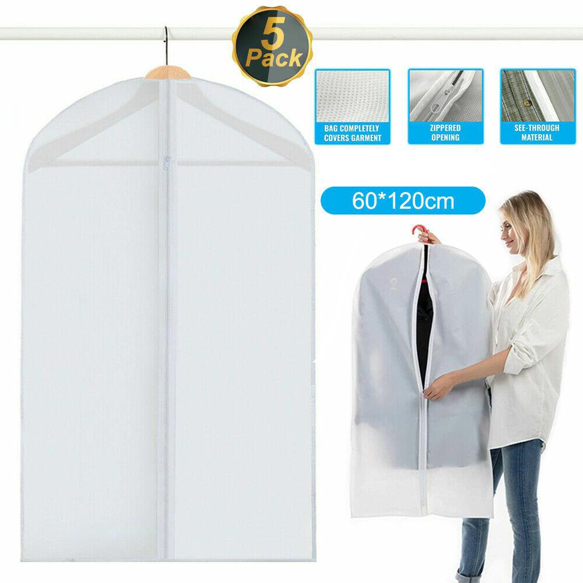 5 Pack Gusseted Garment Bags for Storage 24''×48'' Clear Suit Bag