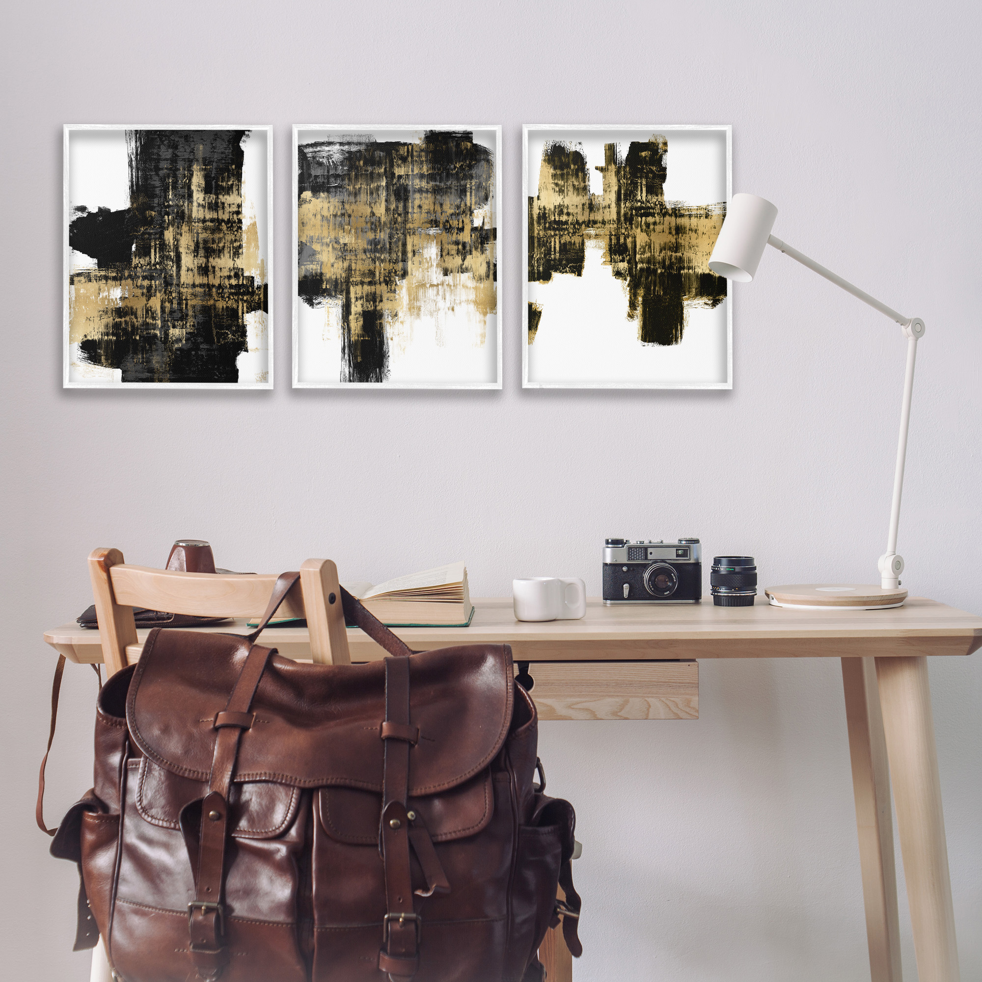 Stupell Industries Bold Black Brushstrokes with Gold Abstract Painting White Framed Art Print Wall Art, 16 x 20, Set of 3