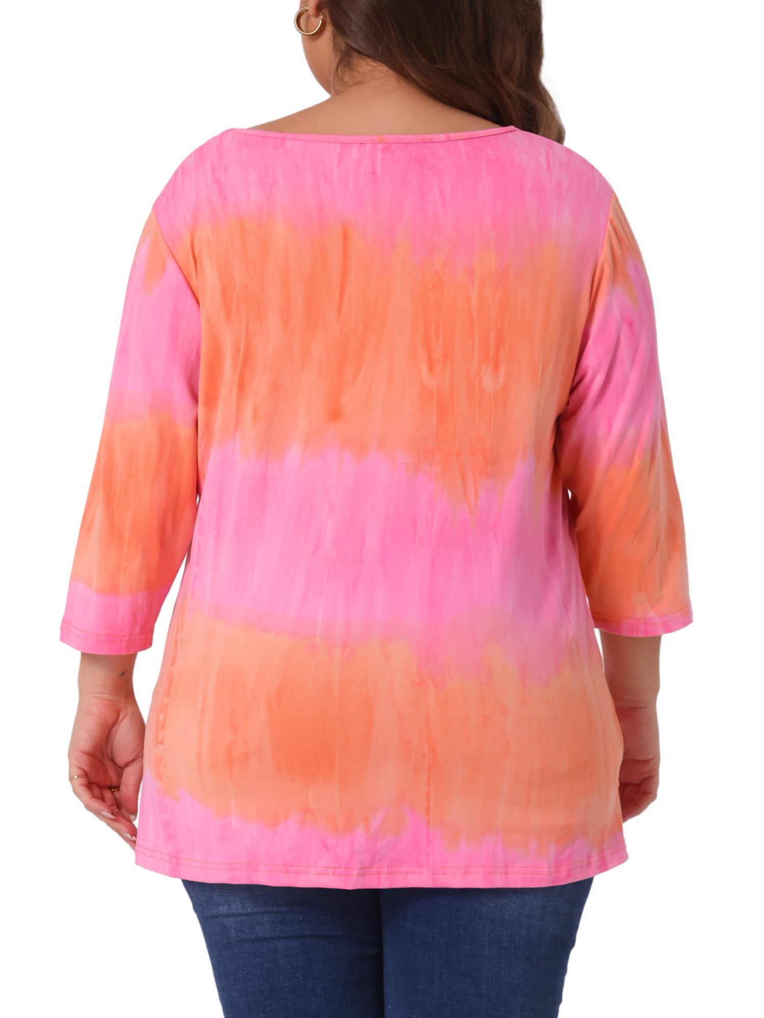 Unique Bargains Women's Plus Size V Neck 3/4 Sleeve Striped Tie Dye Blouse 3X Pink