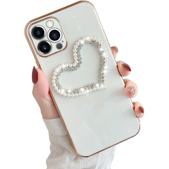 Compatible with iPhone 14 Pro Max Case for Women and Girls Bling Diamond Case Luxury Plating Glitter Sparkly Heart Crystal Rhinestone Pearl Case Fashion Slim Camera Protection Cover