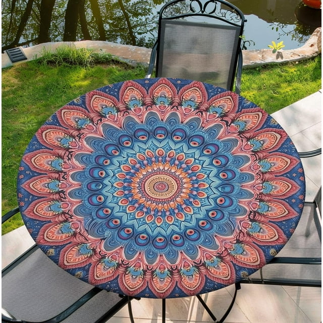 Boho Round Tablecloth 60 inch Waterproof Fitted Table Cover Summer Fall Outdoor Circle Cover for 54"-58" Tables Dining Kitchen Apartment