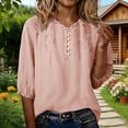 thumbnail image 4 of QUNYINEY Short Sleeve Tee Shirts Womens Summer Pink Cotton Linen Graphic Tees Pullover Loose Fit Button Embroidered V Neck Womens Tops, 4 of 9
